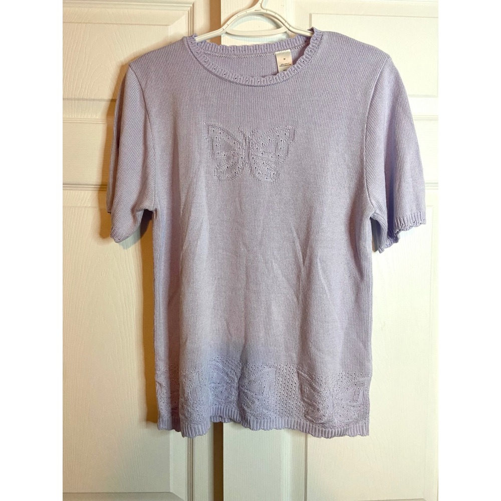 Vintage Lavender Butterfly Pointelle Knit Short Sleeve Sweater Top Purple Med